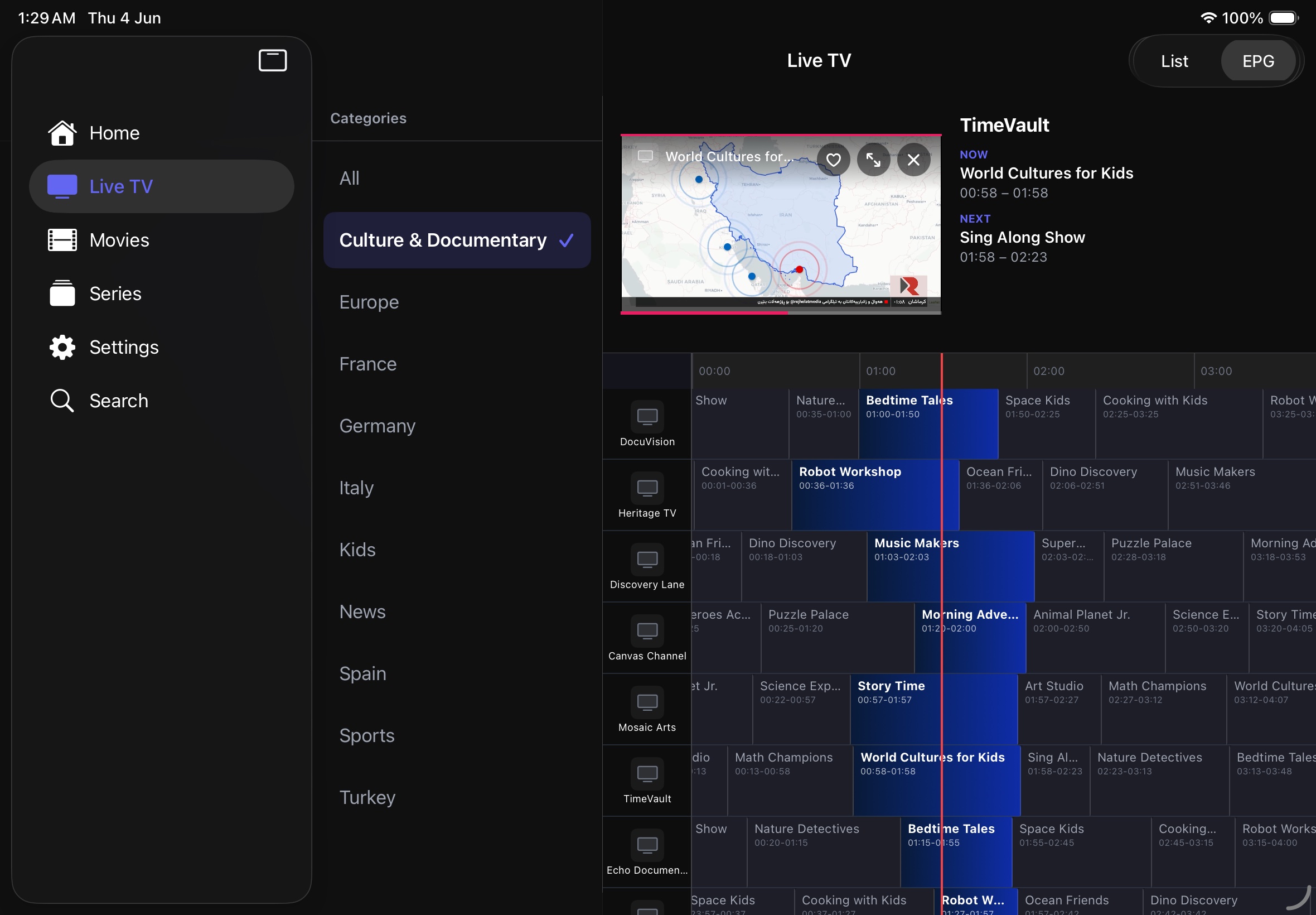 Split-View Live TV & EPG — iPad